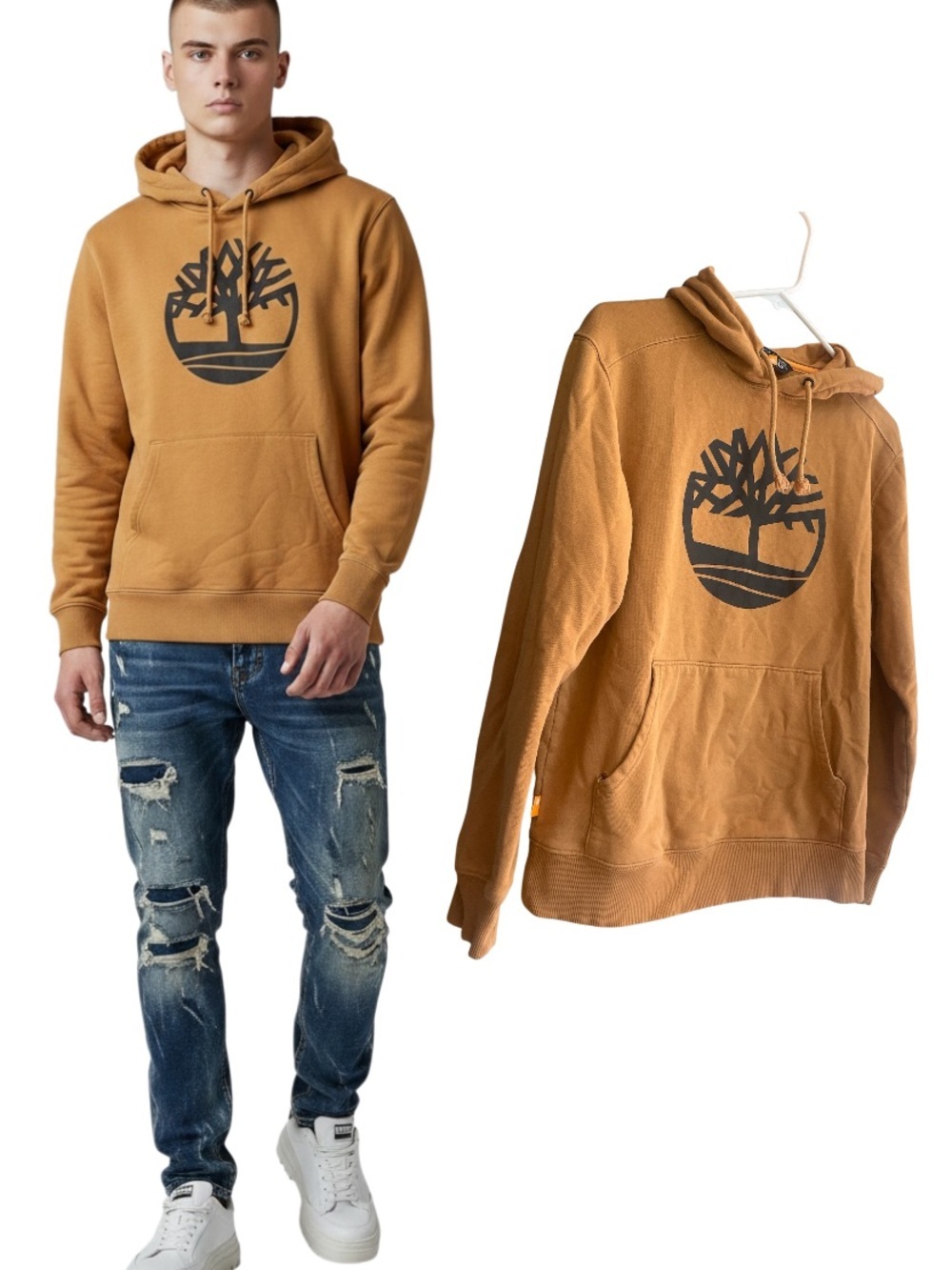 Vintage Timberland Tree Logo Hoodie Wheat Brown Y2K Grunge Workwear Small
